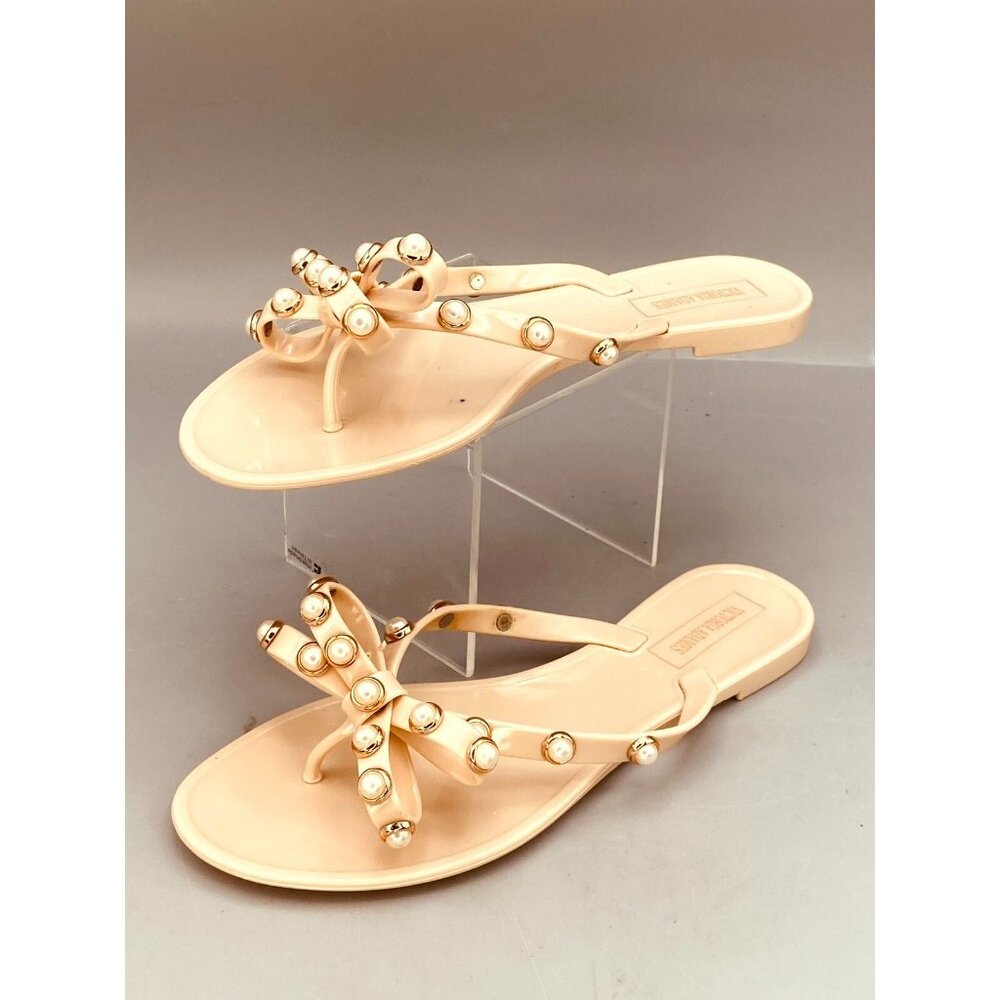Victoria Adames Valencia Women's Flip-Flops 6 Nude Flat Pearls Bow Thong Sandals